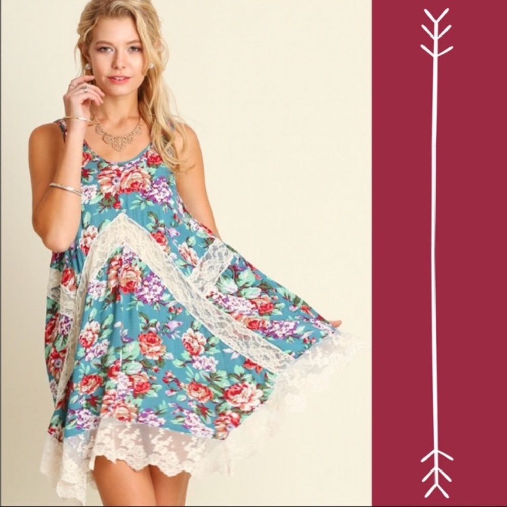 Umgee Floral Print Sleeveless Lace Trapeze Dress - Picture 3 of 6
